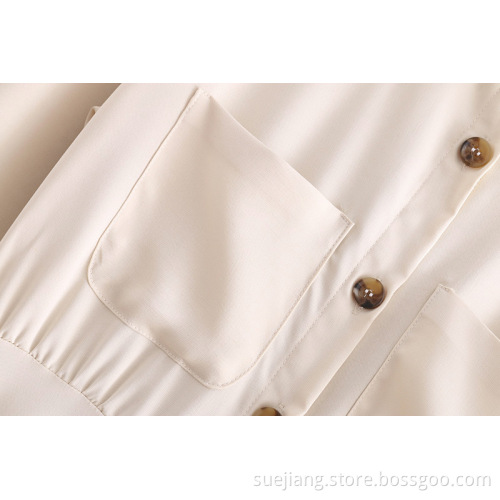 Long Women Casual Dress Creamy-white Dress with Buttons